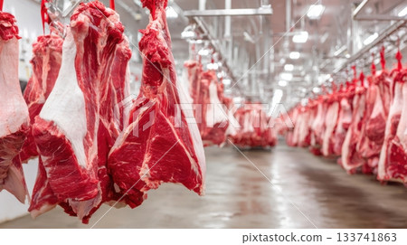 Fresh cuts of red meat hanging in a modern meat processing facility, showcasing the butchery process and emphasizing quality and freshness in a clean environment 133741863