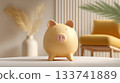 Yellow piggy bank placed on a white table in a modern living room, with soft textures and warm colors, symbolizing savings and financial planning in a cozy environment 133741889