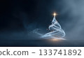 Ethereal glowing Christmas tree formed from swirling light and mist, radiating warmth and holiday spirit in a dark atmospheric setting 133741892