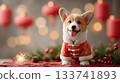 Corgi puppy wearing traditional chinese festive attire, surrounded by decorative lanterns and holiday elements, celebrating the joy of Chinese New Year festivities 133741893
