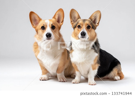 兩隻毛色差異顯著的柯基犬的對比照片 兩隻毛色差異顯著的柯基犬的對比照片 133741944