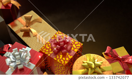 Luxury Gift Boxes with Golden and Red Ribbons 3d render. Luxury Gift Boxes with Golden and Red Ribbons 3d render. 133742077