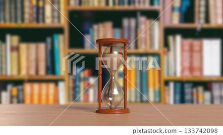 Hourglass on Table in Blurred Library Background 3d render. Hourglass on Table in Blurred Library Background 3d render. 133742098