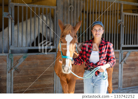 Positive female worker takes horse out of stall, holds animal by bridle and leads pet for walk Positive female worker takes horse out of stall, holds animal by bridle and leads pet for walk 133742252