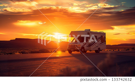Route 66 highway camper road trip in the desert, adventure, travel. USA, sunset, golden hour, campervan, nature, camping 133742632