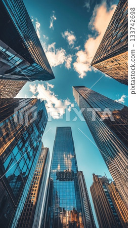 Vertical big city from below perspective in daylight. Modern urban lifestyle, reflective skyscrapers, metropolitan business area offices 133742698