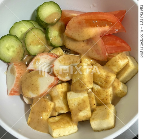Fresh vegetable salad with a vibrant mix of greens, cherry tomatoes, cucumbers, and bell peppers. Crisp, colorful, and packed with vitamins, this salad makes a healthy, delicious meal or side. 133742992