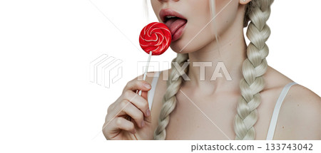 Sexy seductive blonde woman licking red lollipop transparent PNG isolated background, close sup. Seduction, teasing, candy, sweet summer vibes 133743042