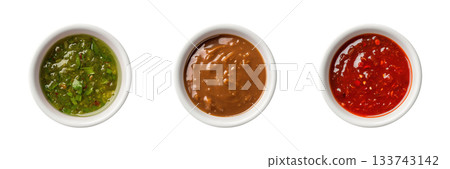 Green salsa verde, satay peanut, siracha sauce in white ceramic bowl transparent PNG cutout set bundle, isolated background. Vibrant colorful flavor cue, culinary food condiment 133743142