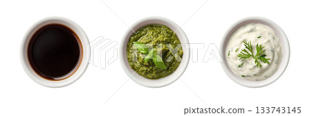 Soy, pesto, tartar sauce in white ceramic bowl transparent PNG cutout set bundle, isolated background. Vibrant colorful flavor cue, culinary food condiment Soy, pesto, tartar sauce in white ceramic bowl transparent PNG cutout set bundle, isolated background. Vibrant colorful flavor cue, culinary food condiment 133743145
