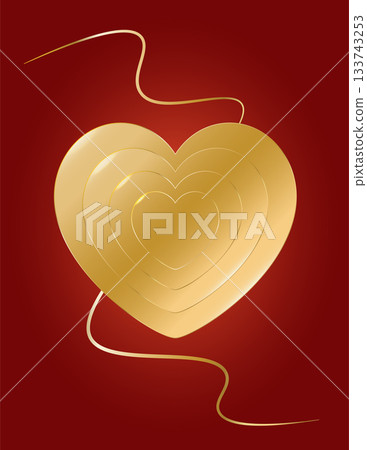 Golden layered heart illustration with elegant ribbon on a rich red background 133743253