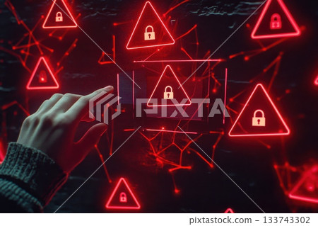 A hand pointing at a screen with a red triangle and a red lock. Concept of urgency and danger A hand pointing at a screen with a red triangle and a red lock. Concept of urgency and danger 133743302
