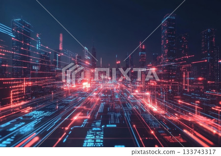 Futuristic Cyber City Skyline with Illuminated Buildings and Lights 133743317