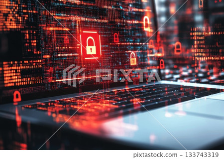 A computer screen with a red lock symbol on it, caution and security 133743319