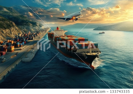 Cargo Ship Navigating Ocean Path with Trucks Alongside Shoreline Cargo Ship Navigating Ocean Path with Trucks Alongside Shoreline 133743335