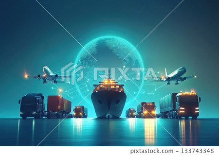 Global Transportation Network with Cargo Ship, Airplanes, and Trucks 133743348