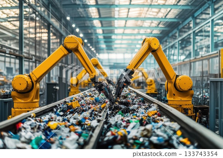 Two robots are working together to pick up trash 133743354