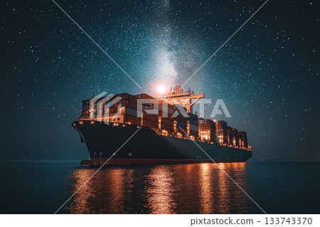 Nighttime View of Container Ship Under Bright Starry Sky Nighttime View of Container Ship Under Bright Starry Sky 133743370