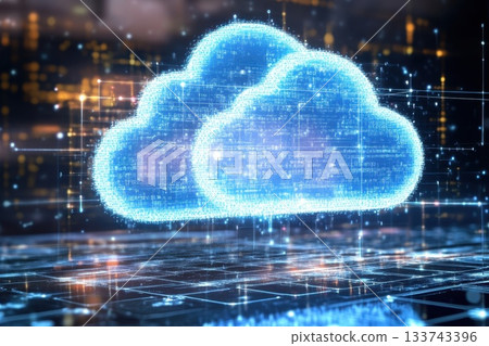 A blue cloud with a white outline is displayed on a computer screen A blue cloud with a white outline is displayed on a computer screen 133743396