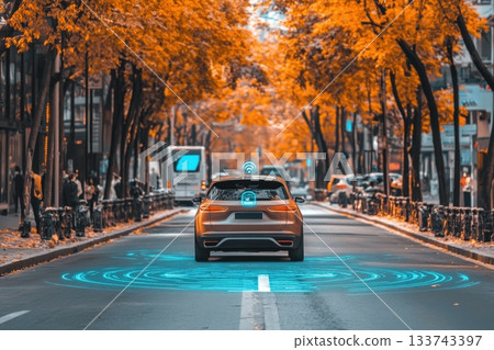 A car with a blue light on the back is driving down a street 133743397