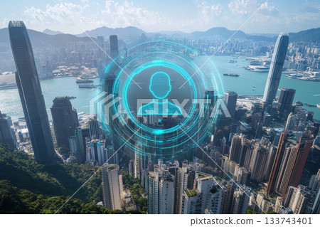 A cityscape with a person in the center of a circle A cityscape with a person in the center of a circle 133743401