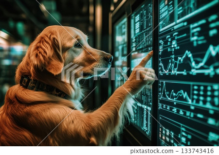 Golden Retriever Analyzing Data on a Digital Screen in Modern Setting Golden Retriever Analyzing Data on a Digital Screen in Modern Setting 133743416