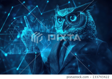 Wise Owl in Suit Analyzing Data with Digital Elements and Graphics 133743422