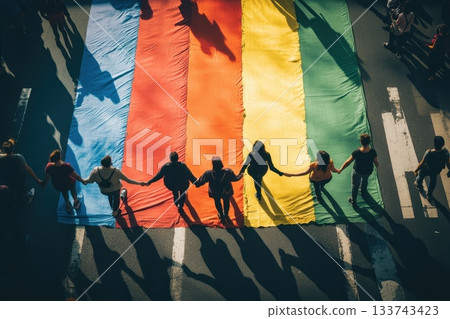 Diverse Group of People Holding Hands Across Colorful Flag Diverse Group of People Holding Hands Across Colorful Flag 133743423