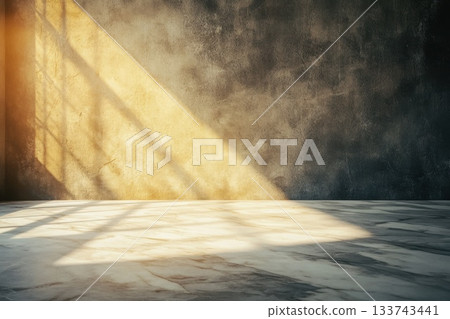 Modern Marble Table Against Textured Concrete Wall with Light Rays 133743441