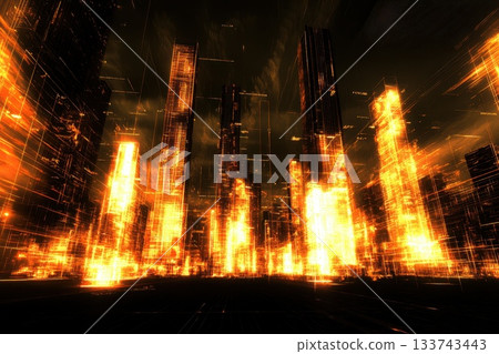 Glowing Futuristic City Skyline with Illuminated Skyscrapers 133743443