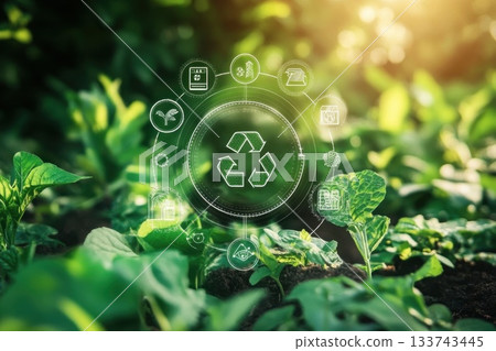 A green circle with a green recycle symbol in the middle 133743445