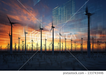 Futuristic Wind Farm with Holographic Projections at Sunset Futuristic Wind Farm with Holographic Projections at Sunset 133743446