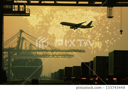 Airplane Taking Off Above Docked Cargo Ship at Sunset 133743449