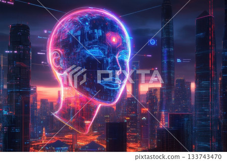 Futuristic User Profile Interface Above a Cityscape at Dusk Futuristic User Profile Interface Above a Cityscape at Dusk 133743470
