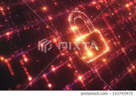 Glowing Digital Padlock Floating in Blockchain Network Background 133743473