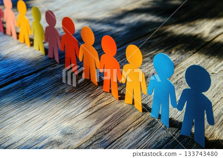 Vibrant Paper Cutouts of People Standing in a Colorful Line 133743480