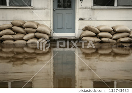 Close Up View of Sandbags Stacked Against Front Door for Flood Protection Close Up View of Sandbags Stacked Against Front Door for Flood Protection 133743483