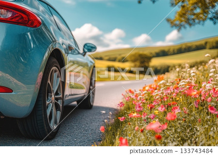Back View of Car Displaying Rear Wheels on Scenic Roadside Back View of Car Displaying Rear Wheels on Scenic Roadside 133743484