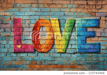 Colorful Hand-Painted Love Mural on Brick Wall with Rainbow Hue Colorful Hand-Painted Love Mural on Brick Wall with Rainbow Hue 133743488