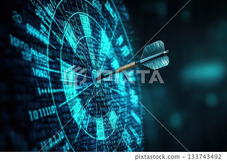 A digital image of a dartboard with a single arrow on it, futuristic and technological A digital image of a dartboard with a single arrow on it, futuristic and technological 133743492