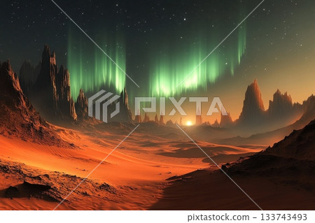 Hostile Yet Beautiful Alien Terrain Under Stunning Aurora Lights 133743493