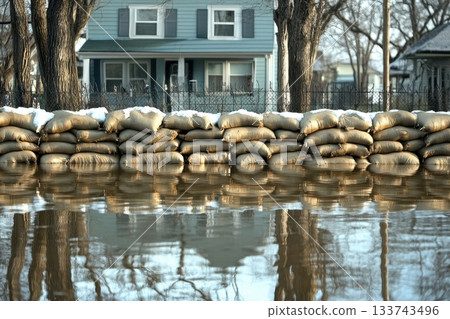 Sandbags Stacked in Semi-Circle Around Flooded Basement Area Sandbags Stacked in Semi-Circle Around Flooded Basement Area 133743496