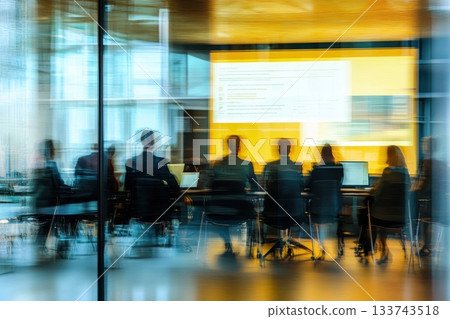 Business Meeting Behind Glass Wall in Modern Corporate Office Space Business Meeting Behind Glass Wall in Modern Corporate Office Space 133743518