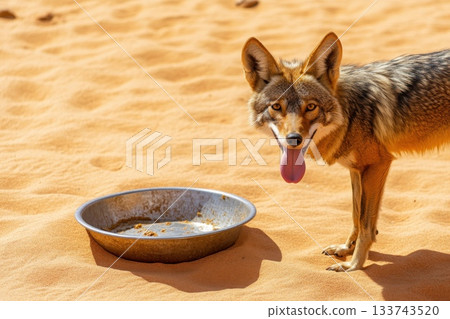 Coyote Standing in a Sunlit Desert with a Metal Food Dish Nearby Coyote Standing in a Sunlit Desert with a Metal Food Dish Nearby 133743520