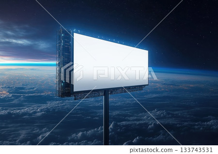 Floating Futuristic Billboard in Space Above Earth During Twilight Floating Futuristic Billboard in Space Above Earth During Twilight 133743531