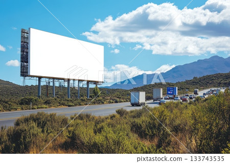 Empty Billboard on Roadside Next to Highway with Blue Sky Background Empty Billboard on Roadside Next to Highway with Blue Sky Background 133743535