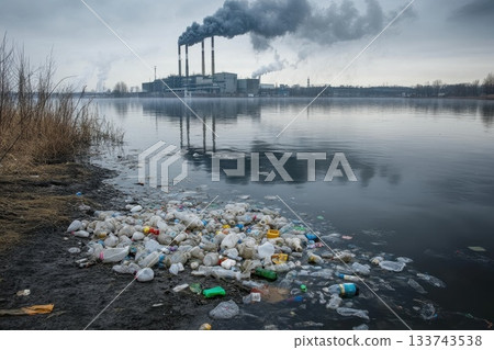 Pollution at Riverside Factory with Plastic Waste in Water 133743538