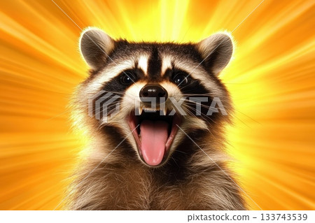 Curious Raccoon Tilting Its Head with Mouth Open in Bright Background 133743539