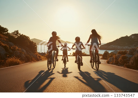 Happy Family Enjoying a Joyful Bicycle Ride at Sunset by the Sea 133743547