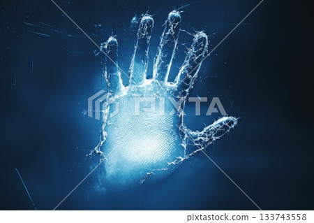 Glowing Outline of a Human Handprint in Ethereal Blue Light 133743558